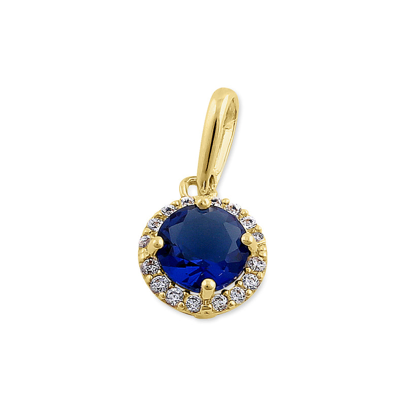 Solid 14K Yellow Gold Halo Round Blue Sapphire CZ Pendant