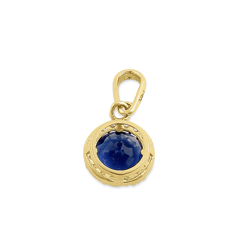 Solid 14K Yellow Gold Halo Round Blue Sapphire CZ Pendant