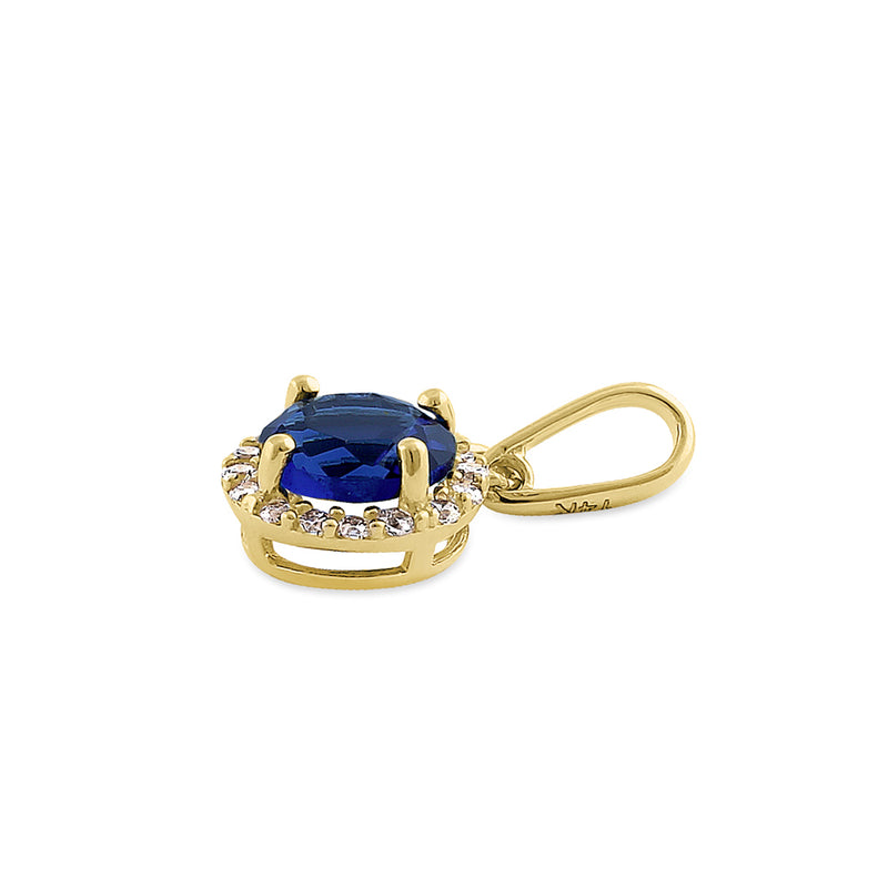 Solid 14K Yellow Gold Halo Round Blue Sapphire CZ Pendant