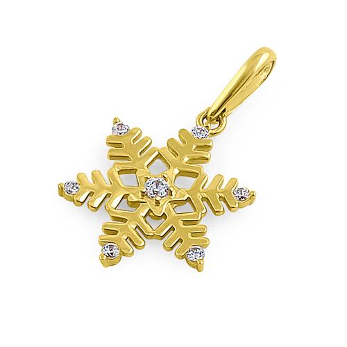 Solid 14K Yellow Gold Snowflake CZ Pendant