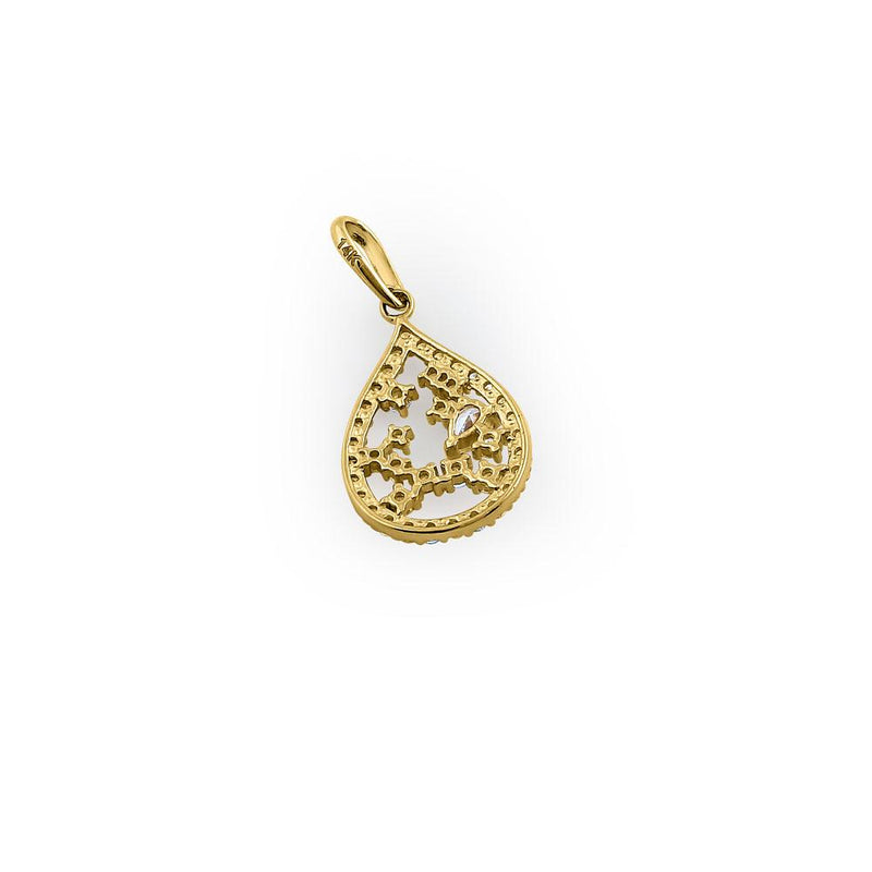 Solid 14K Yellow Gold Floral Pattern Drop Shaped CZ Pendant