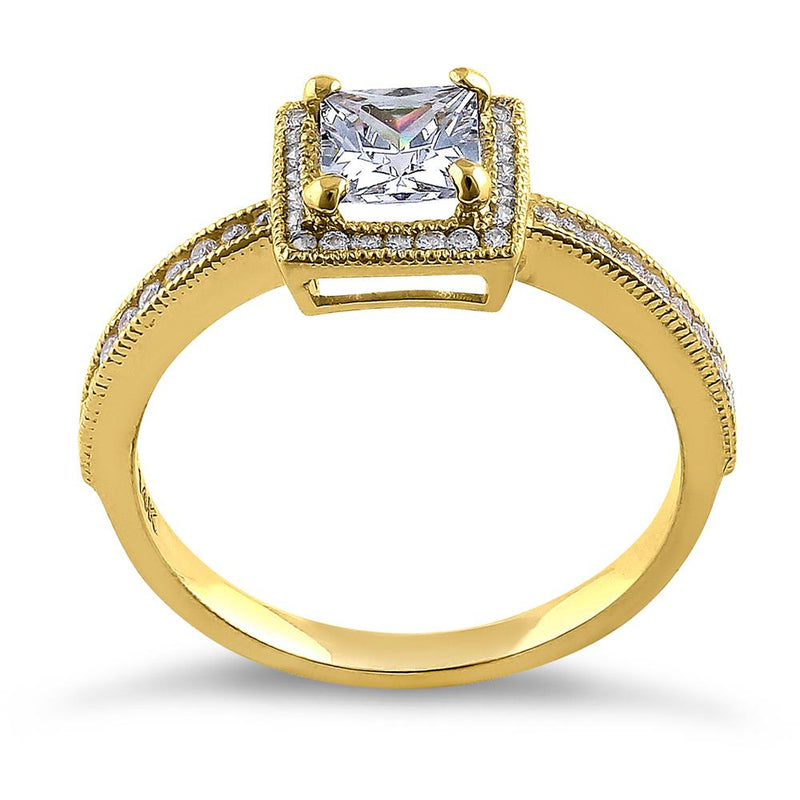 Solid 14K Yellow Gold Princess Cut Frame Halo CZ Engagement Ring