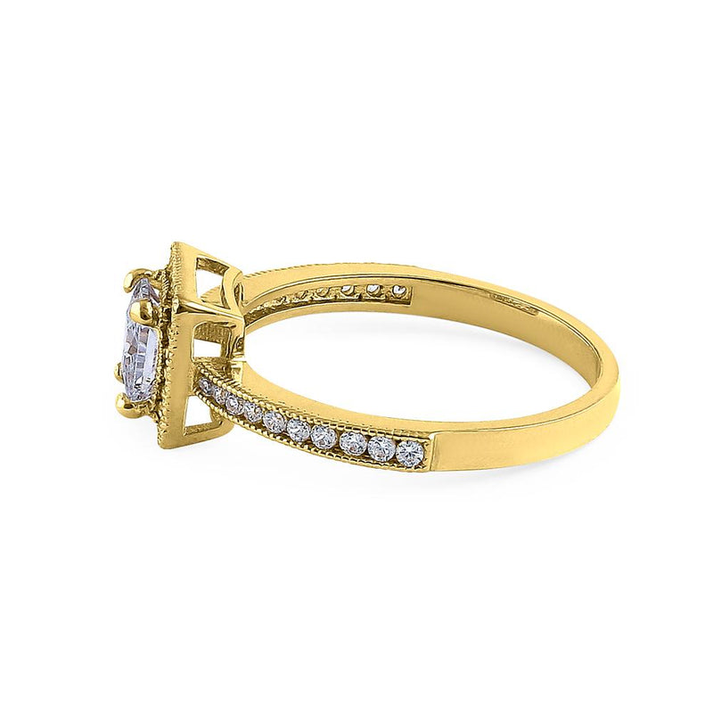 Solid 14K Yellow Gold Princess Cut Frame Halo CZ Engagement Ring