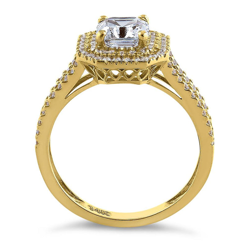 Solid 14K Yellow Gold Asscher Cut Double Halo CZ Engagement Ring