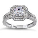 Solid 14K White Gold Asscher Cut Double Halo CZ Engagement Ring
