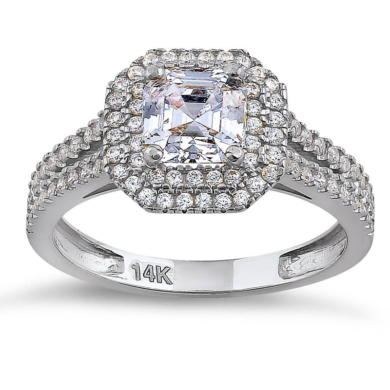 Solid 14K White Gold Asscher Cut Double Halo CZ Engagement Ring