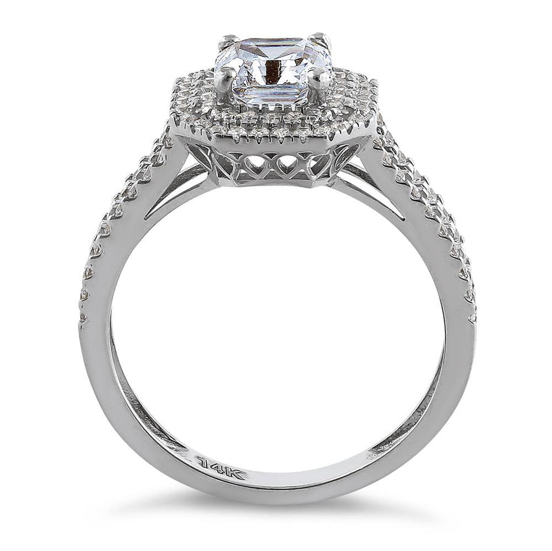 Solid 14K White Gold Asscher Cut Double Halo CZ Engagement Ring