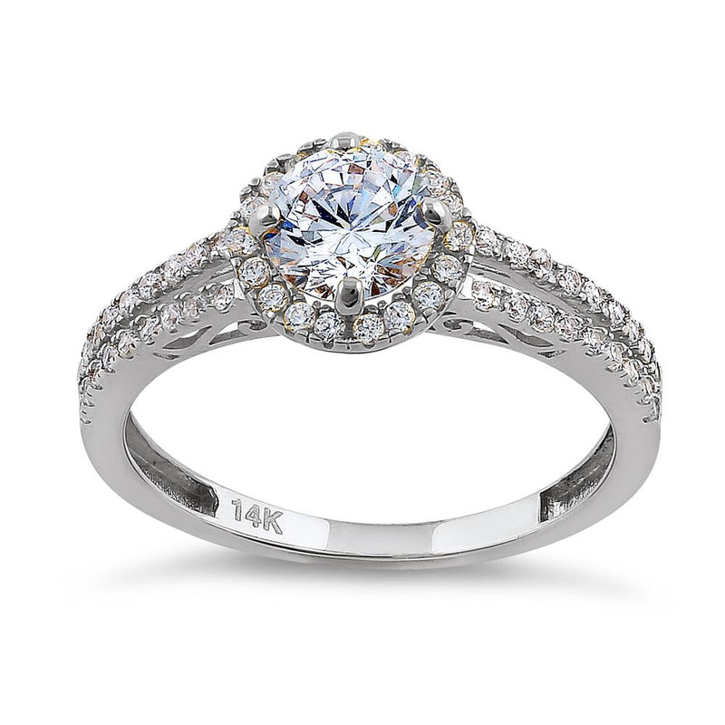 Solid 14K White Gold Round Cut Halo CZ Engagement Ring