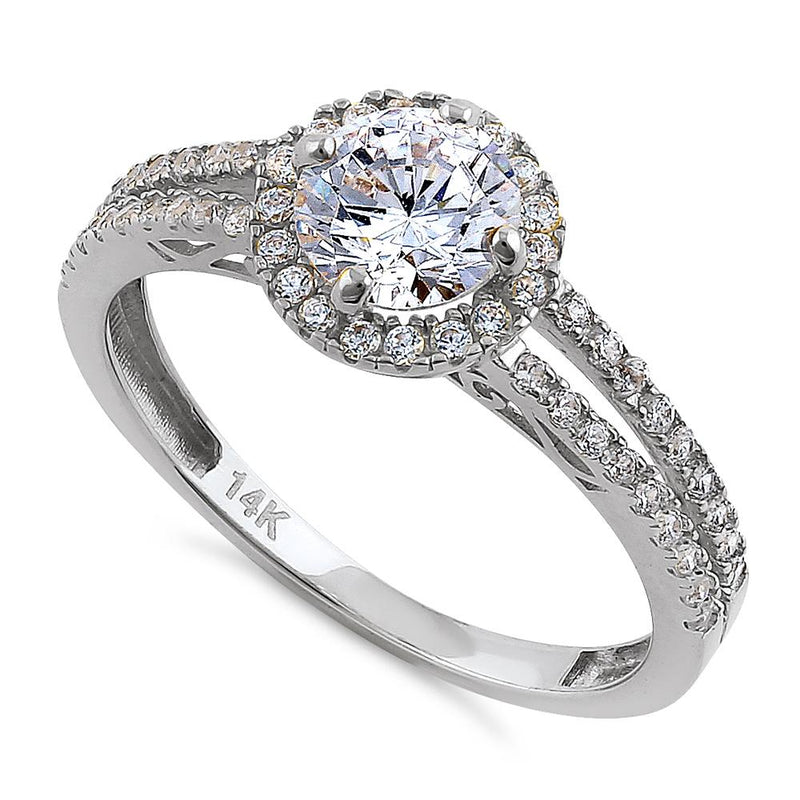 Solid 14K White Gold Round Cut Halo CZ Engagement Ring