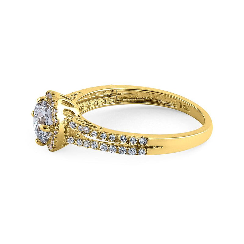 Solid 14K Yellow Gold Round Cut Halo CZ Engagement Ring