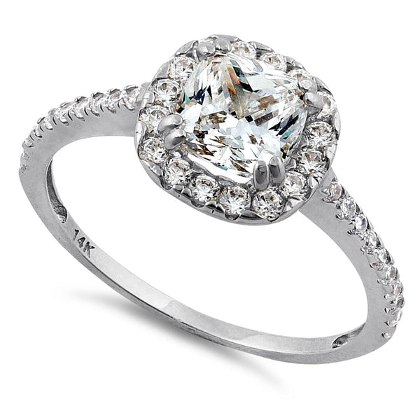 Solid 14K White Gold Cushion Halo Engagement Clear CZ Ring