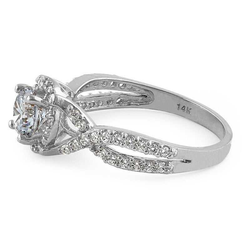 Solid 14K White Gold Twist Round Halo Engagement Clear CZ Ring