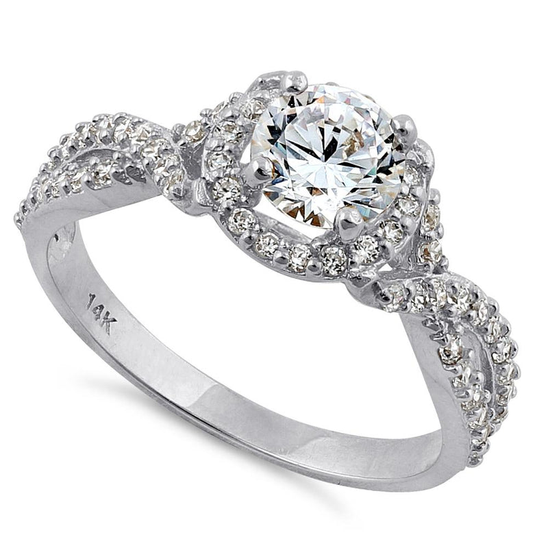 Solid 14K White Gold Twist Round Halo Engagement Clear CZ Ring