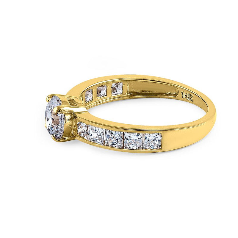 Solid 14K Yellow Gold Round & Princess Cut CZ Engagement Ring