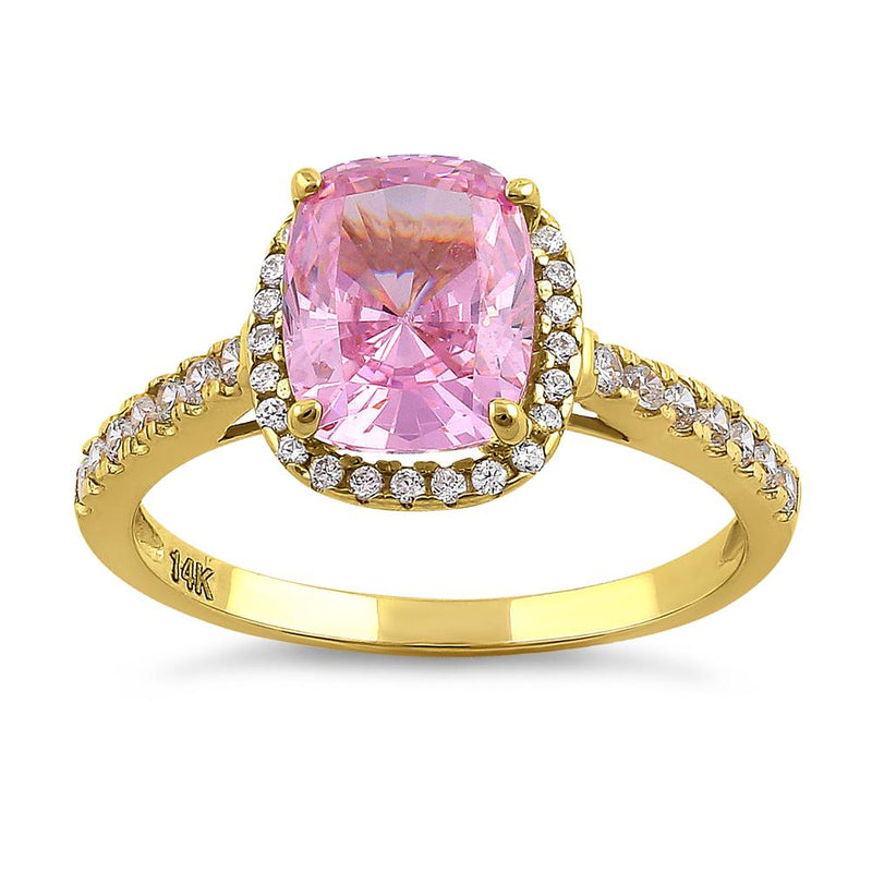 Solid 14K Yellow Gold Cushion Cut Halo Pink CZ Engagement Ring