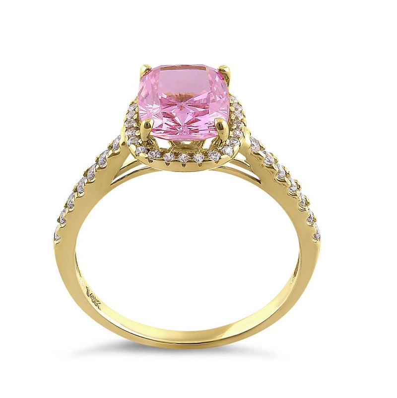 Solid 14K Yellow Gold Cushion Cut Halo Pink CZ Engagement Ring