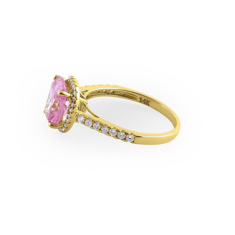 Solid 14K Yellow Gold Cushion Cut Halo Pink CZ Engagement Ring