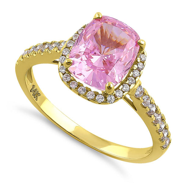 Solid 14K Yellow Gold Cushion Cut Halo Pink CZ Engagement Ring