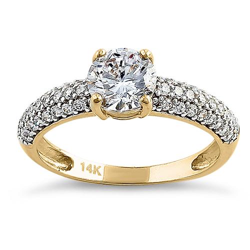 Solid 14K Yellow Gold Noble Round Clear CZ Engagement Ring