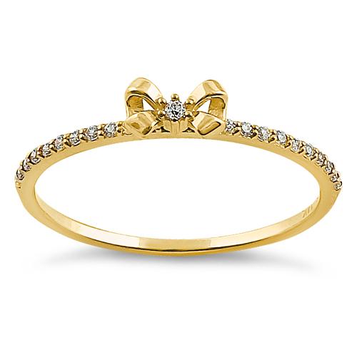 Solid 14K Yellow Gold Bow Ribbon Round CZ Ring