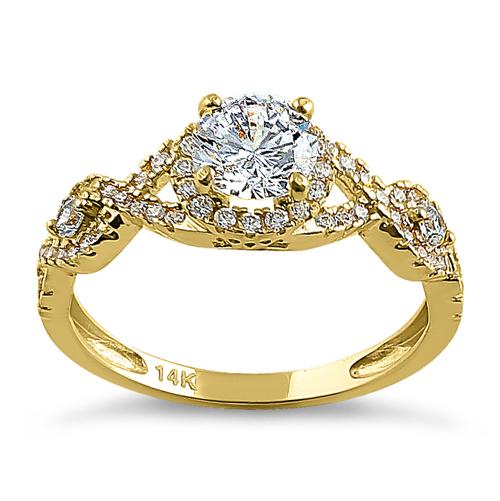 Solid 14K Yellow Gold Regal Twist Halo Round CZ Engagement Ring