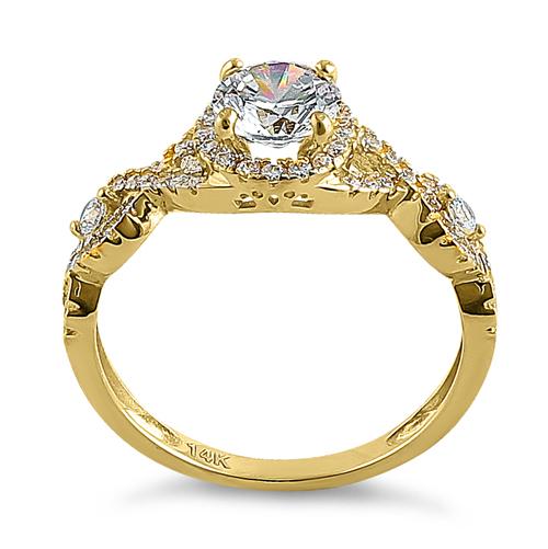 Solid 14K Yellow Gold Regal Twist Halo Round CZ Engagement Ring