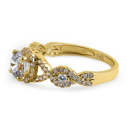 Solid 14K Yellow Gold Regal Twist Halo Round CZ Engagement Ring