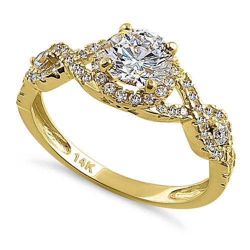 Solid 14K Yellow Gold Regal Twist Halo Round CZ Engagement Ring