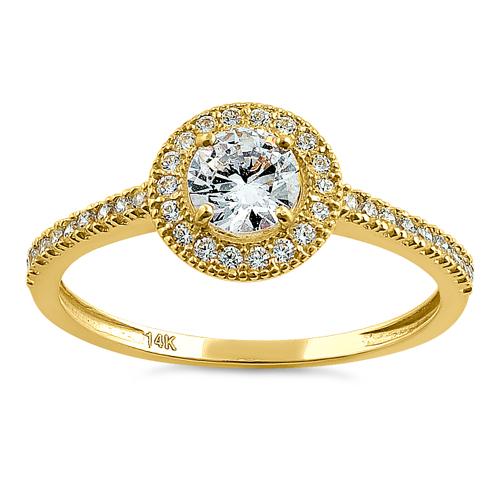 Solid 14K Yellow Gold Halo Round CZ Engagement Ring