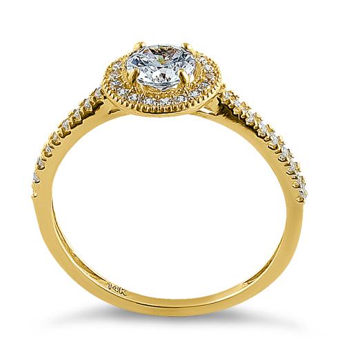 Solid 14K Yellow Gold Halo Round CZ Engagement Ring