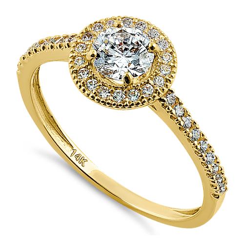 Solid 14K Yellow Gold Halo Round CZ Engagement Ring