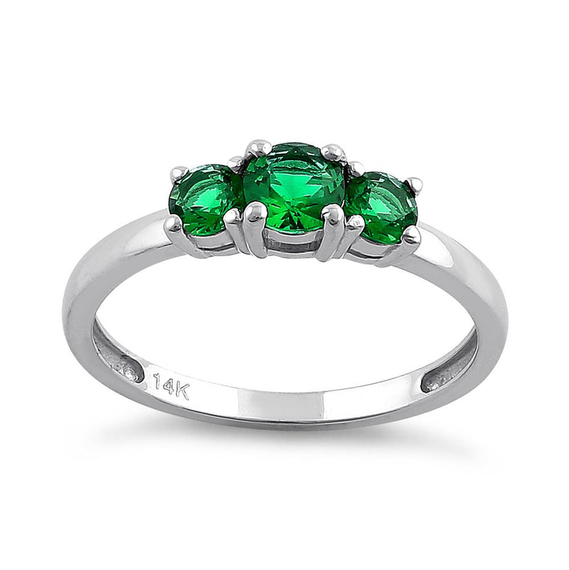 Solid 14K White Gold Triple Round Green CZ Ring