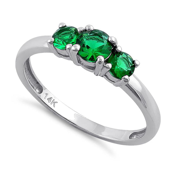 Solid 14K White Gold Triple Round Green CZ Ring