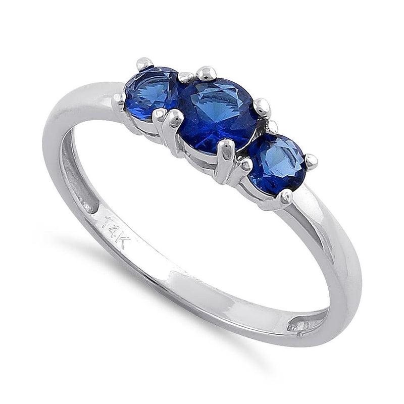 Solid 14K White Gold Triple Round Blue Sapphire CZ Ring