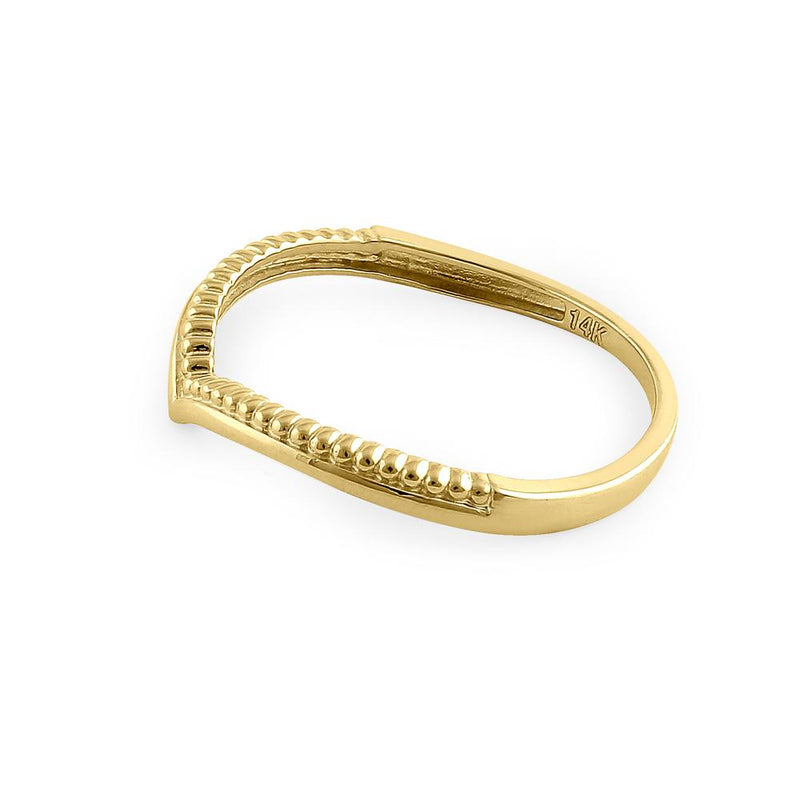Solid 14K Yellow Gold Beaded V Shape Ring