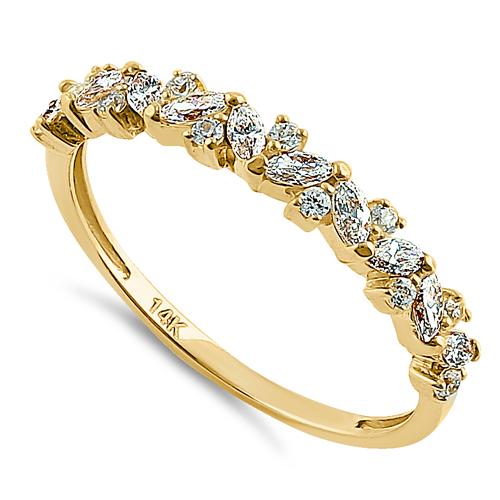 Solid 14K Yellow Gold Cluster Marquise & Round Clear CZ Ring