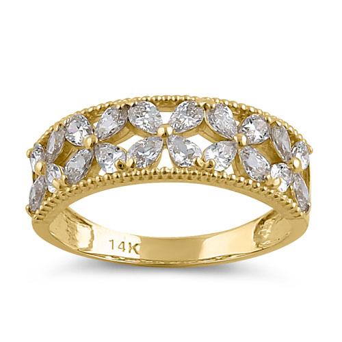 Solid 14K Yellow Gold Flower CZ Ring