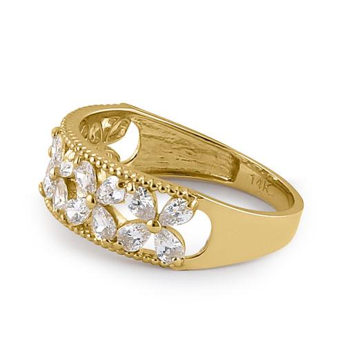 Solid 14K Yellow Gold Flower CZ Ring