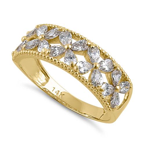 Solid 14K Yellow Gold Flower CZ Ring