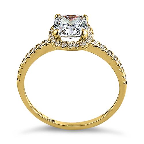 Solid 14K Yellow Gold Halo Cushion Cut CZ Engagement Ring