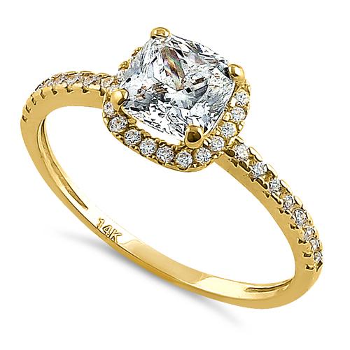 Solid 14K Yellow Gold Halo Cushion Cut CZ Engagement Ring