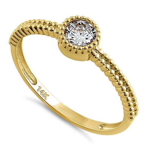 Solid 14K Yellow Gold Beaded Round CZ Ring