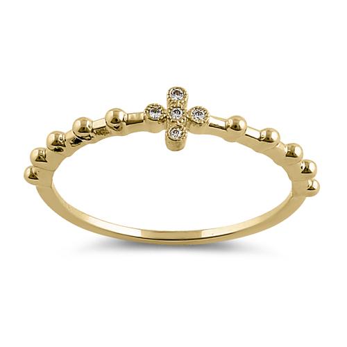 Solid 14K Yellow Gold Cross Bead CZ Ring