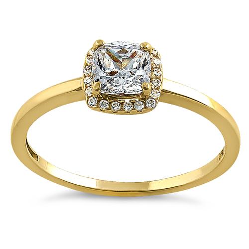 Solid 14K Yellow Gold Simple Halo Cushion Cut CZ Engagement Ring