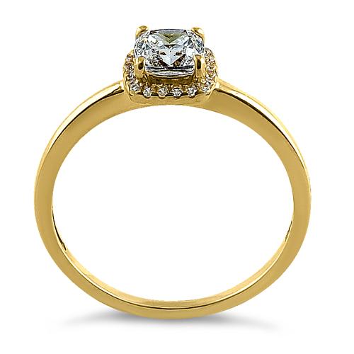 Solid 14K Yellow Gold Simple Halo Cushion Cut CZ Engagement Ring