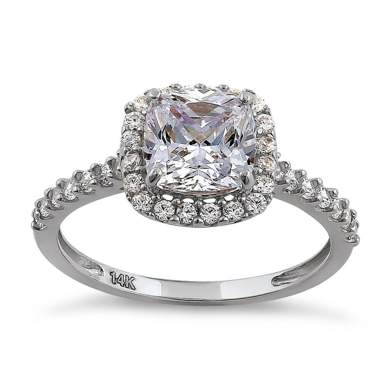 Solid 14K White Gold Cushion Cut Halo CZ Engagement Ring