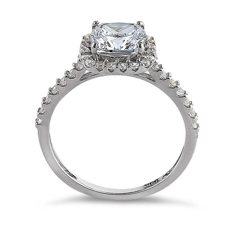 Solid 14K White Gold Cushion Cut Halo CZ Engagement Ring