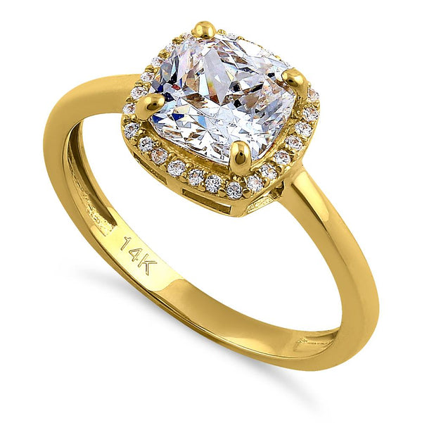 Solid 14K Yellow Gold Cushion Cut Halo CZ Engagement Ring