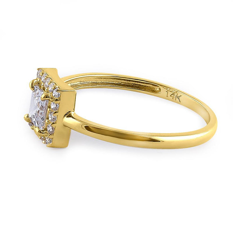 Solid 14K Yellow Gold Princess Cut Halo CZ Engagement Ring