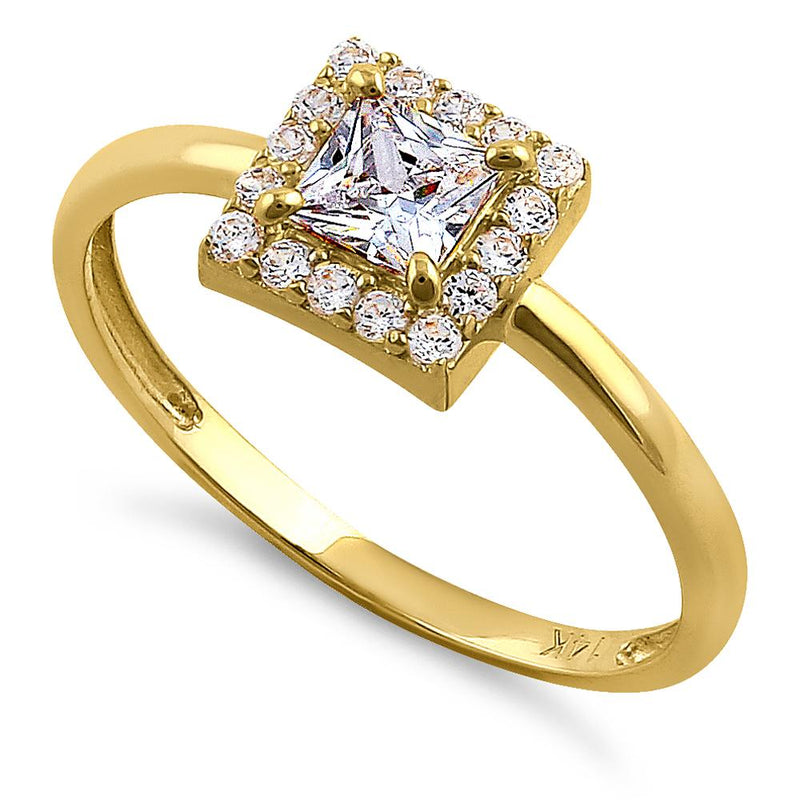 Solid 14K Yellow Gold Princess Cut Halo CZ Engagement Ring